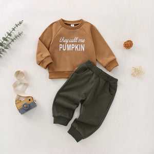 Pumpkin Letter Long Sleeve Sweatshirt +Solid Pants