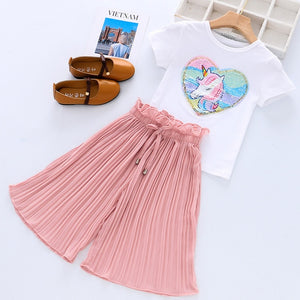 Sequins Unicorn Summer Girls Clothes with Chiffon Pants