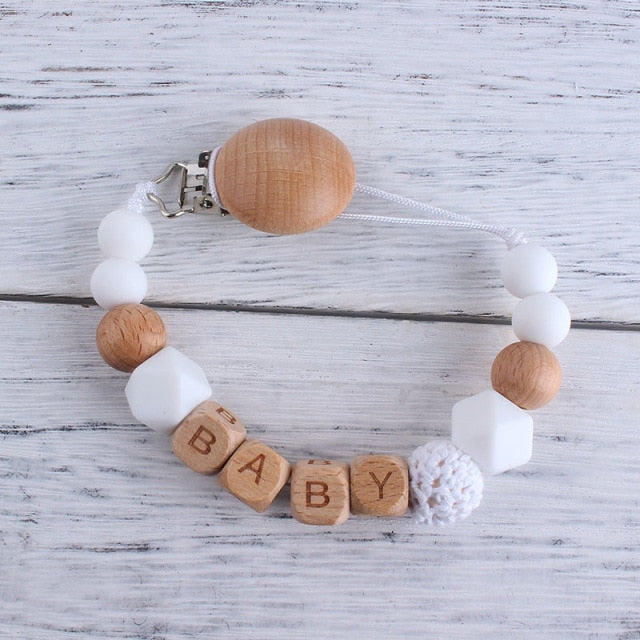 Personalized Baby Name Wood Chain - Pacifier Holder and Teething Toy