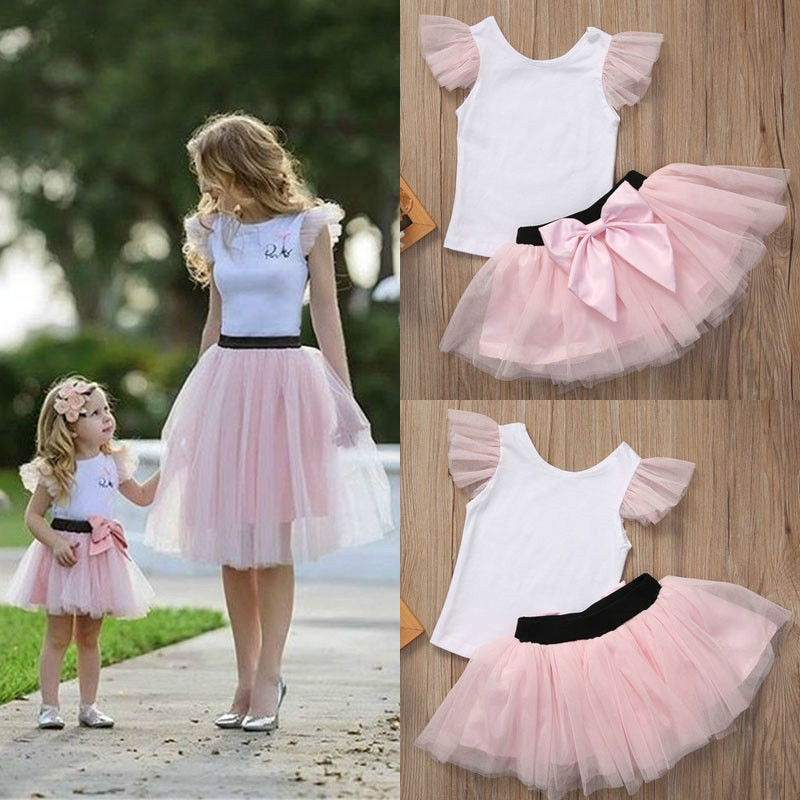 Mother and Daughter Matching White Pink Mini Skirt